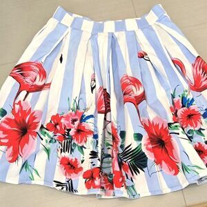 GRACE KARIN Flamingo Striped Pleated Circle Skirt in Blue/White/Pink Size M